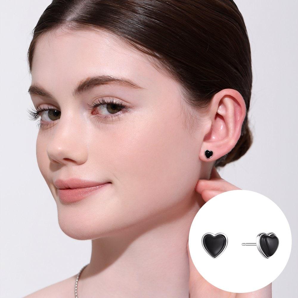 [Rosemont] Silver Black Heart Earrings Rc24B35J