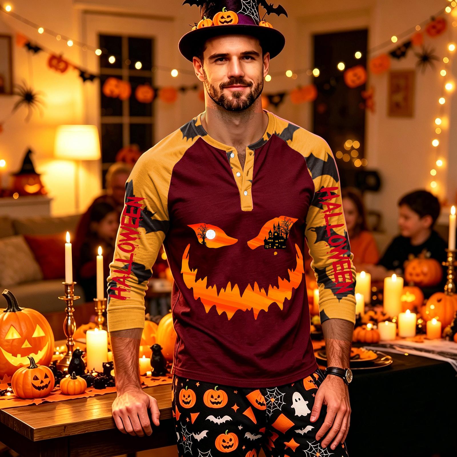 Men s Long Sleeve Shirt with Halloween Print Pattern for Casual Wear L
