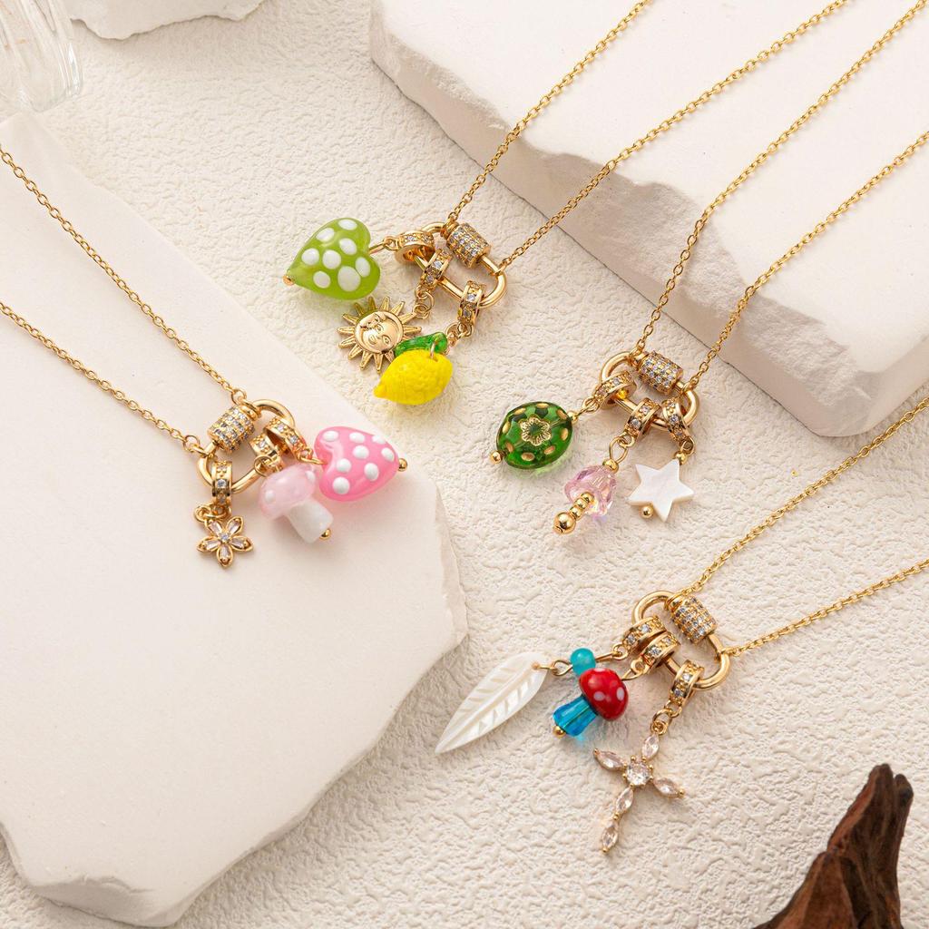 18K Gold Plated Multi-Pendant Necklace with Cross, Mushroom, Heart, Star, Pearl & Starfish on Titanium Steel