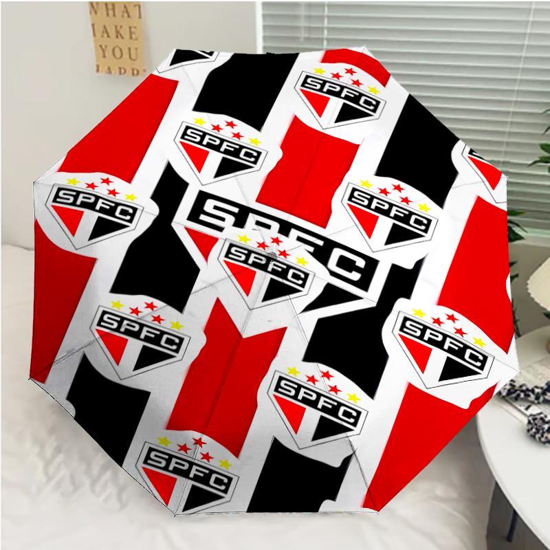 São Paulo FC Logo Print Automatic Umbrella, 8 Rib Iron Frame, Plastic Handle, Suitable for Outdoor Travel &Daily , Ideal Gift