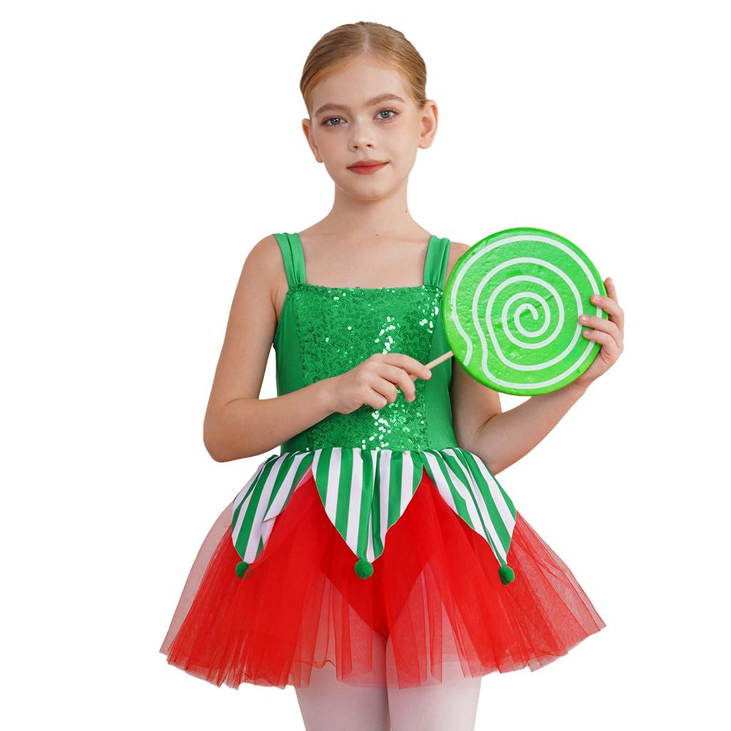 Girls Christmas Jumpsuit Shiny Sleeveless Design Jagged Pompoms Tulle Skirt Costume Cosplay Dance Wear