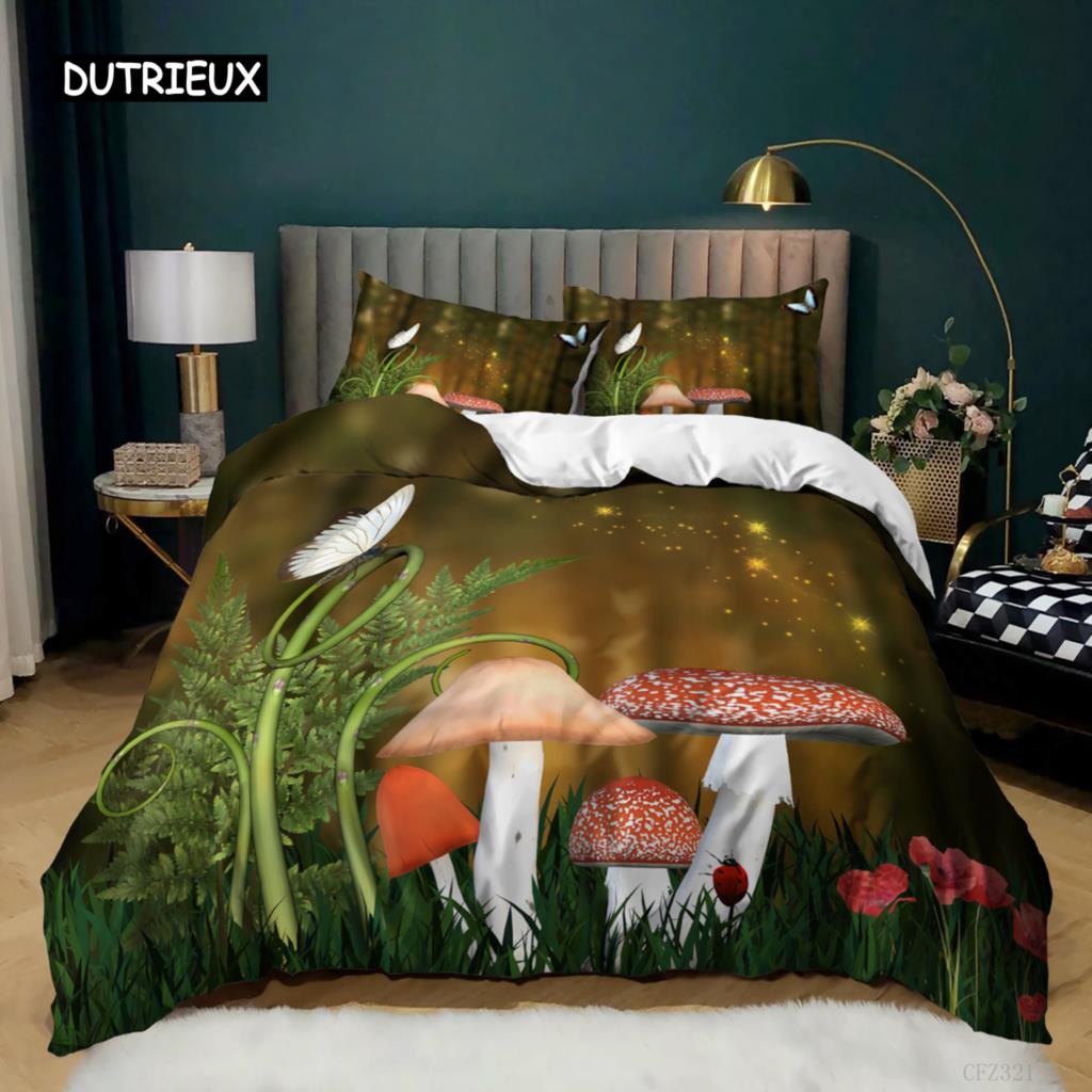 Mushroom Duvet Cover Set Queen Size Microfiber Mushrooms Ornate Doodles with Swirls Eyes Psychedelic Botany Bdding Set For Teens