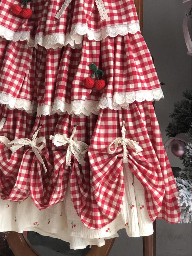 2025 Autumn/Winter Cherry Patchwork Lace Midi Skirt with Multi-Layered Ruffles for Women