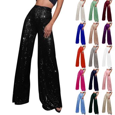 Modische Hose für Damen in Volltonfarbe mit hoher Taille, seitlichem Reißverschluss und Pailletten, drapiert und weitem Bein