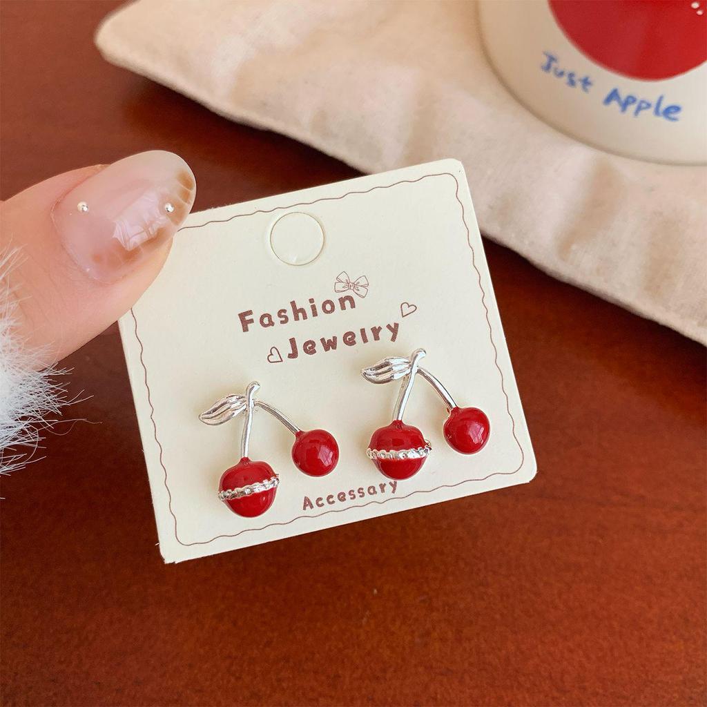 Christmas Red Apple & Cherry Stud Earrings - Women's Silver Needle Autumn/Winter Fruit Jewelry Set
