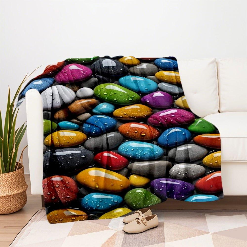 Colorful Pebbles with Water Drops Nature Decorative StonesBlanket Flannel Throw Blanket for Sofa, Bed, Travel, Camping, Office, Couch, Chair