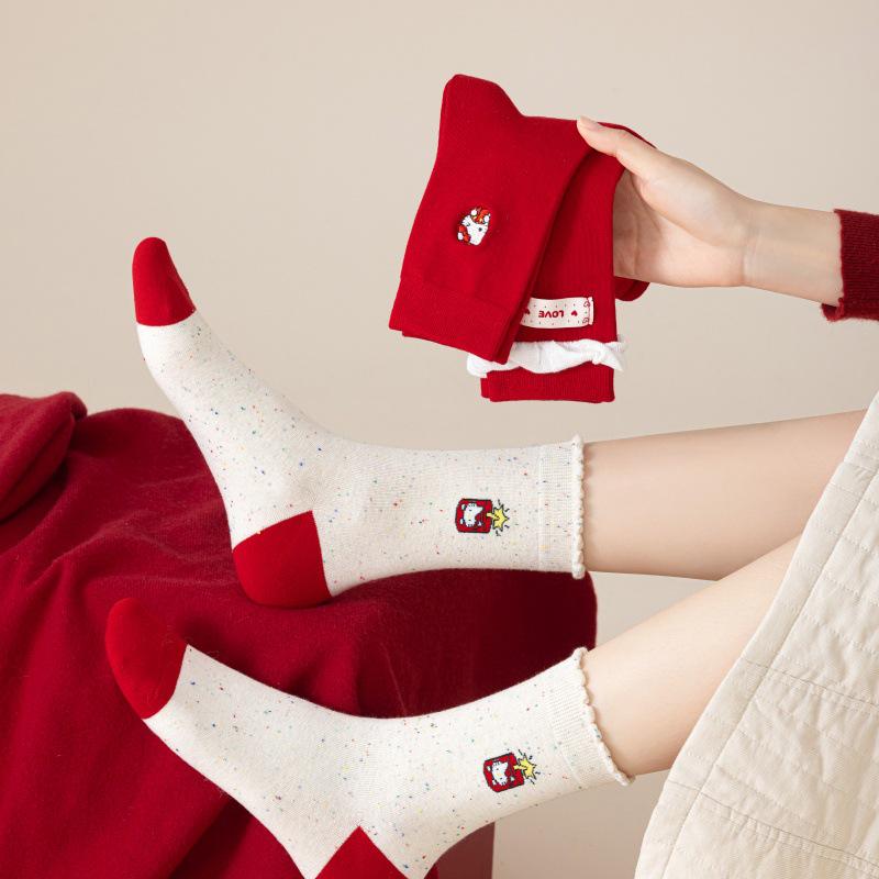 New Year Women's Lucky Red Cat Mid-Calf Socks Gift Box Set