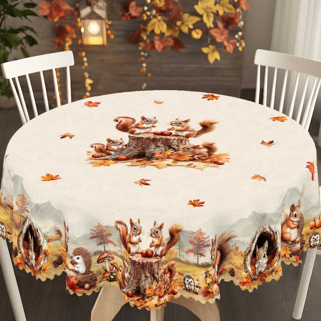 1 Stück Herbst Runde und Rechteckige Tischdecken, Erhältlich in verschiedenen Größen, Niedliches Eichhörnchen, Ahornblatt-Druckmuster Tischdecken, Thanksgiving Part