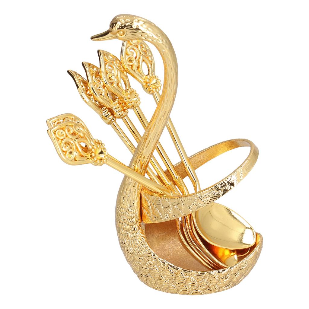 Coffee Dessert Spoon Set Gold Zinc Alloy Durable Corrosion Resistant Stable Glossy Swan Base Spoon