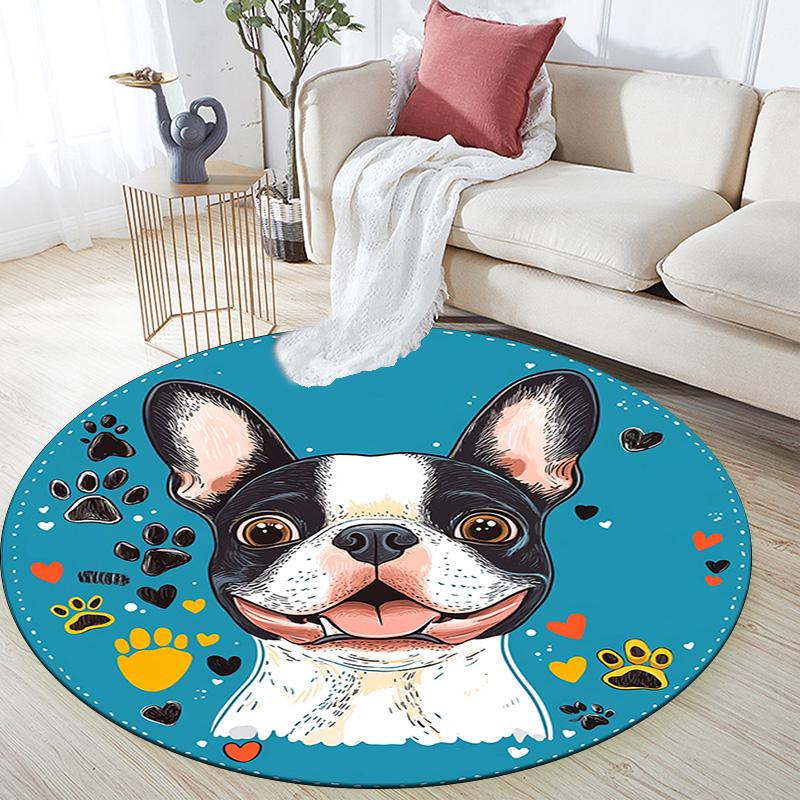 Okrągły dywanik z buldogiem francuskim, Dywanik do salonu, sypialni, przy sofie, pokoju zabaw, Mata podłogowa antypoślizgowa