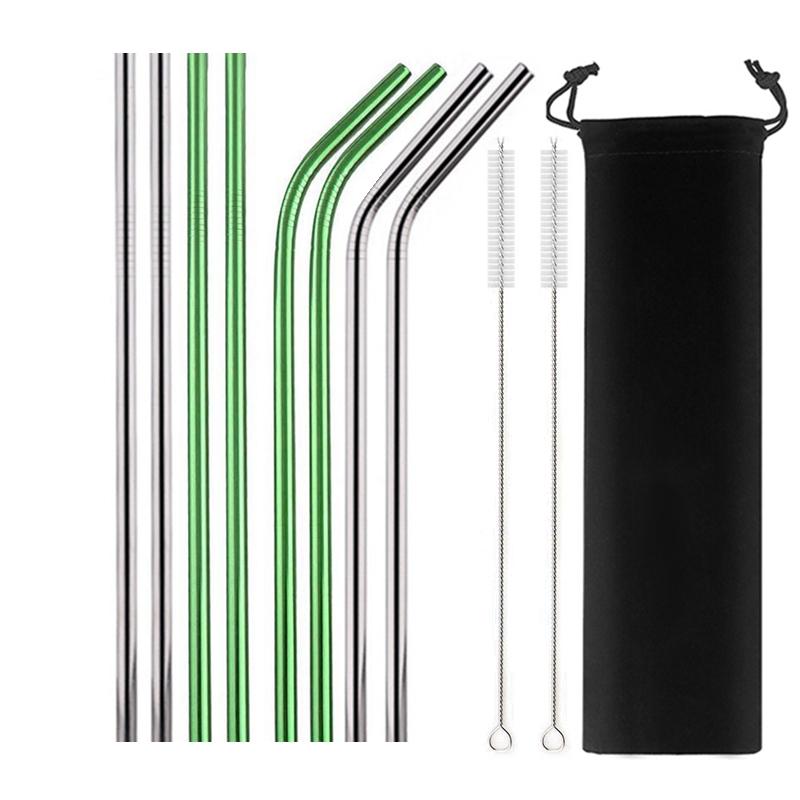 8Pcs Colorful Reusable Metal Straw High Quality 304 Stainless Steel Straws Set with Cleaner Brush Bar Party Drinking Straws