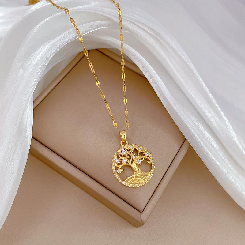 Tree Of Life Light Luxury Temperament Gorgeous Full Diamond Necklace Female Versatile Clavicle Chain Titanium Steel Chain