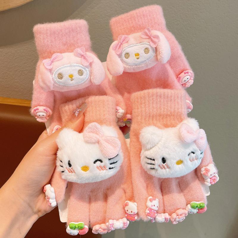Girls' Kuromi Fleece-Lined Fingerless Gloves - Warm, Cold-Proof, Autumn/Winter Children's Accessories