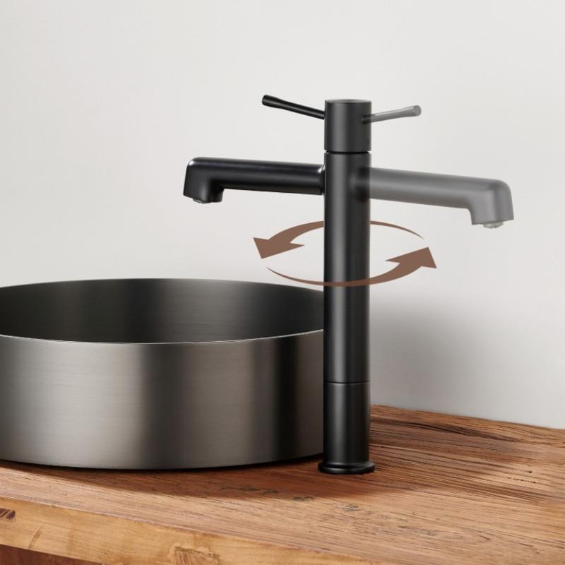 Tuqiu Bateria Umywalkowa Mosiężna Obrotowa Wysoka Bateria Umywalkowa Mieszacz Zimnej i Ciepłej Wody Bateria Umywalkowa Montowana na Blacie Czarna/Chromowana Bateria