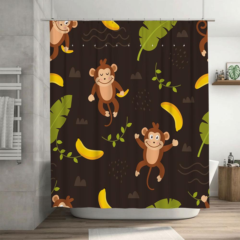 Kids Bathroom Shower Curtain with Monkeys and Bananas Brown Printed Fabric Decorative Waterproof Home Bath Liner Kids Gift 72 x