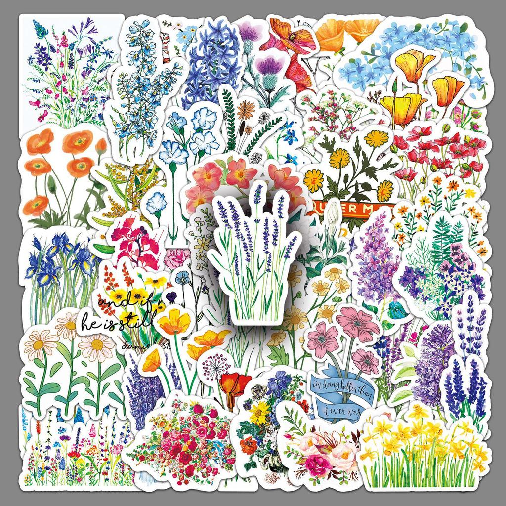 50 Colorful Flower Cartoon Plant Stickers for DIY Notebooks, Journals, Skateboards, and Luggage Decoration
