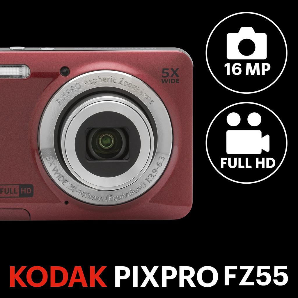 KODAK PIXPRO Easy-to-Use Zoom FZ55-RD 16MP Digital Camera with 5x Optical Zoom, 28mm Wide Angle, and 2.7-inch LCD Screen (Red)