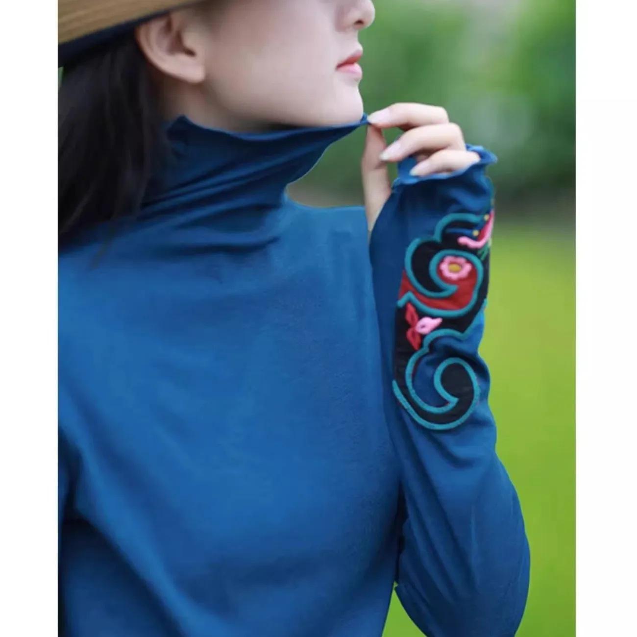 

Женская облегающая бархатная футболка с полувысоким воротником в ретро этническом стиле для весны и осени 3XL (150-165 jin)