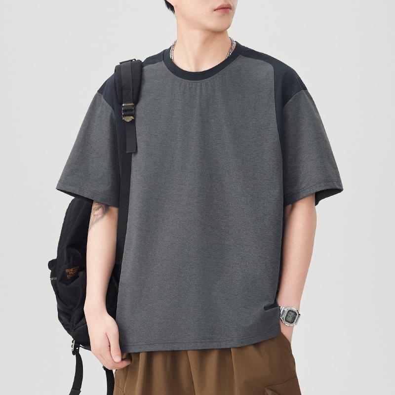 New Summer Color-blocking Short-sleeved T-shirt for Men's Japanese Retro Loose Five-point Sleeve Casual