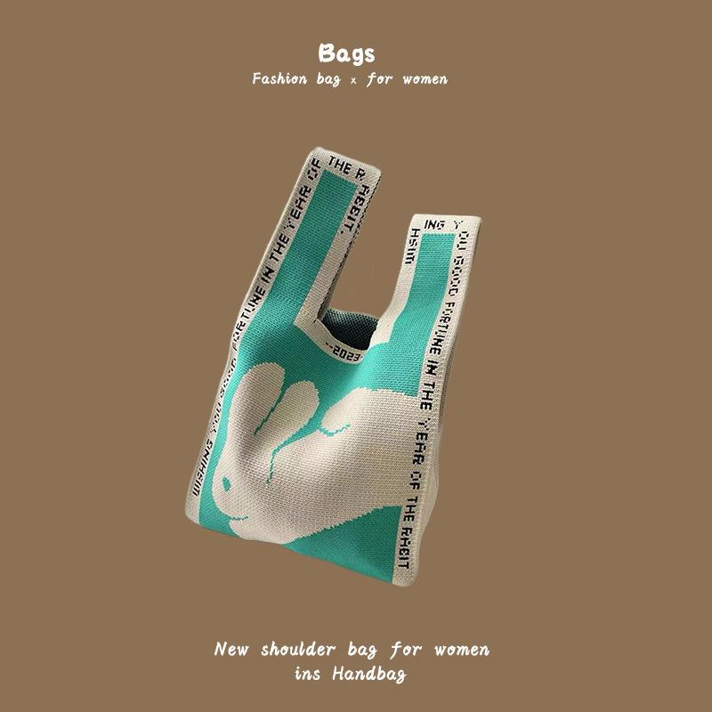 Ins Trendy Handbag Women'S Knitted Wool Bucket Bag Hand Carry Casual Tote Bag Box Lunch Bag