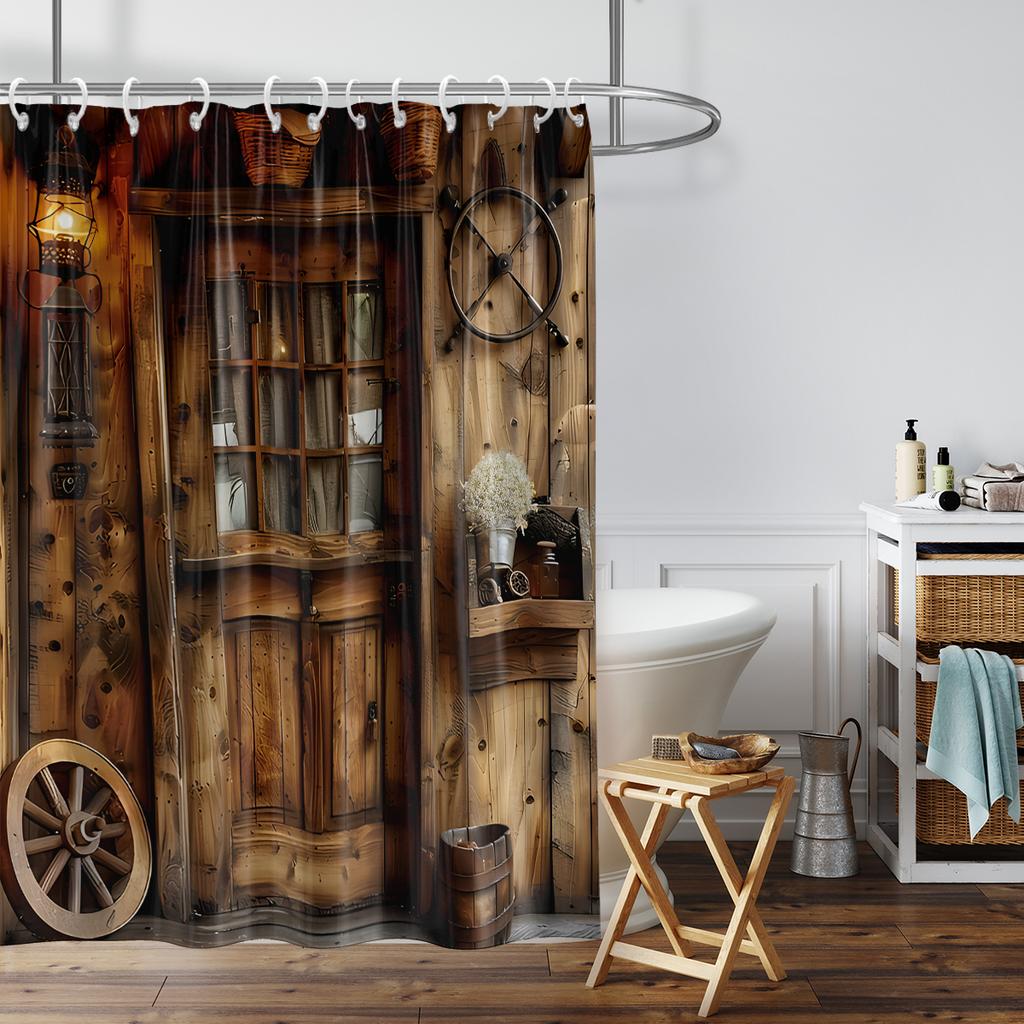1PC Rural farmhouse shower curtain with retro wooden wheels, rustic style, waterproof, with 12 hooks, bathroom shower, home use