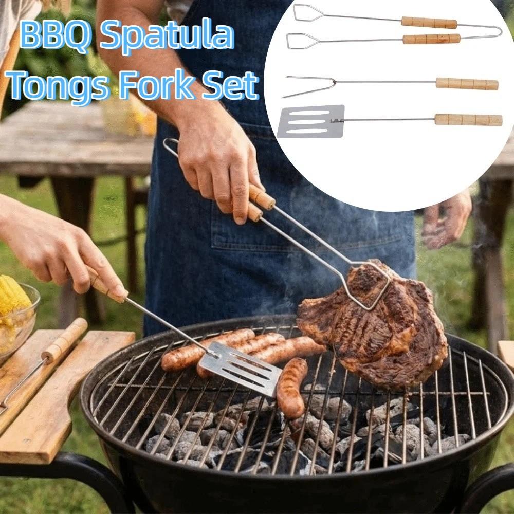 3Pcs Wood Long Handle BBQ Spatula Tongs Fork Set Heat Resistant Barbecue Utensils Grilling Picnic