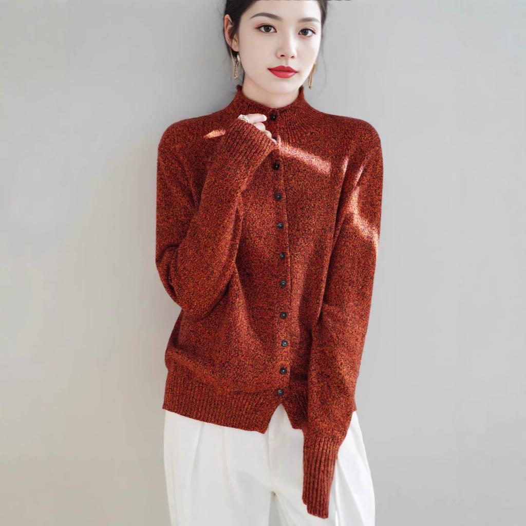 Jarní a podzimní nový polovyvýstřihový propínací svetr Dámský volný svetr kabát se zesílenou pleteninou