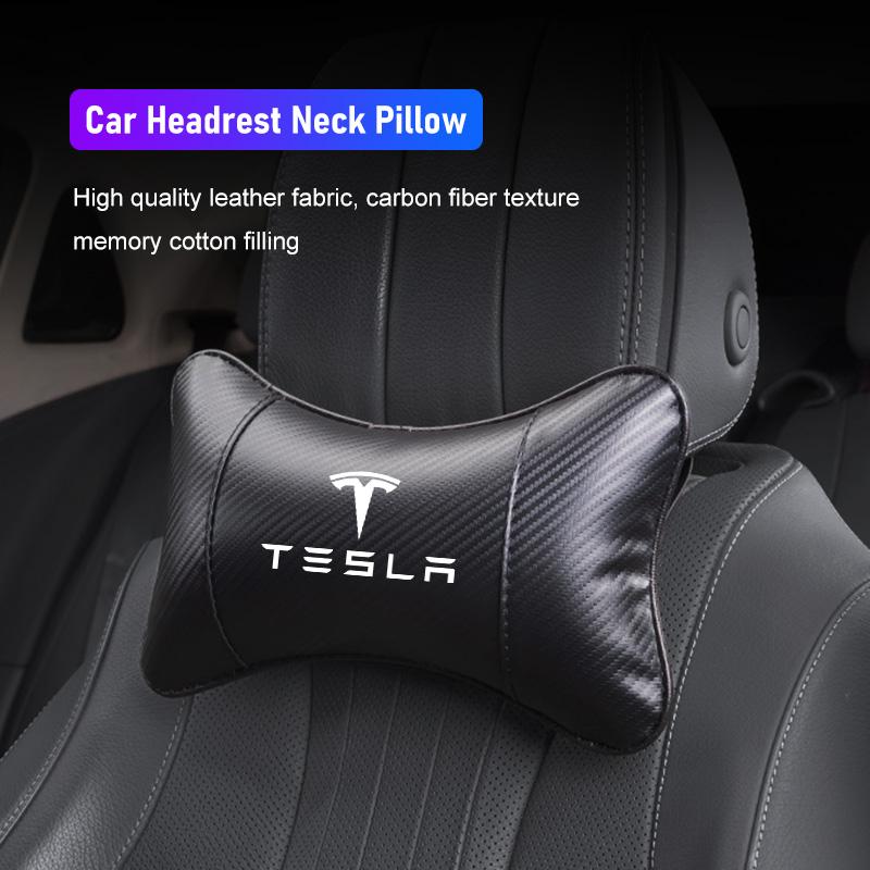 Car Seat Headrest Carbon Leather Pillow Neck Cushioning For Tesla Model-Y Model-3 Model-X Model-S Cybertruck Roadster SpaceX