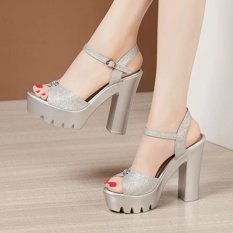 13cm Small Size 32-43 Block High Heels Sandals Summer Wedding Shoes 2025 Thick Platform Sandals Women Soft Leather Sandal Silver