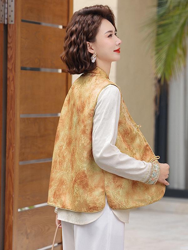 Women's Spring Retro Chinese Style Embroidered Frog Button Jacquard Vest and Shirt Set