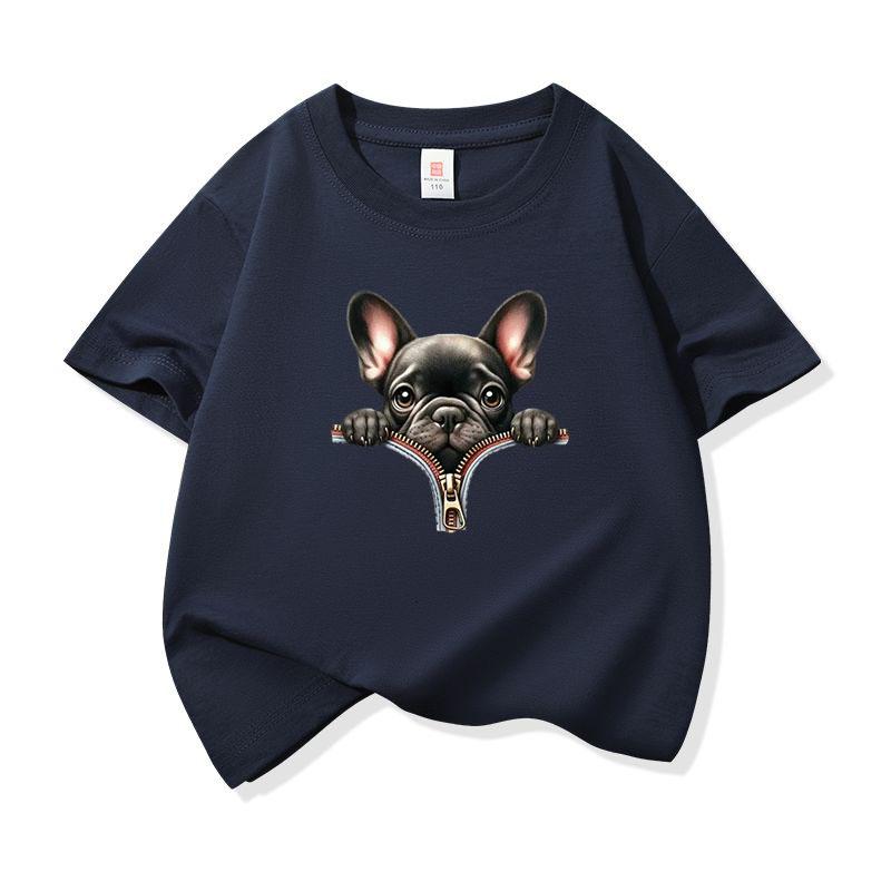 Kids Cotton T Shirt Adorable French Bulldog Zipper Print Crew Neck Short Sleeve Tee Casual Boys Girls Summer Tops