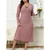 Women's casual long dress with long sleeves V-neck solid color wood earrings plus size dress