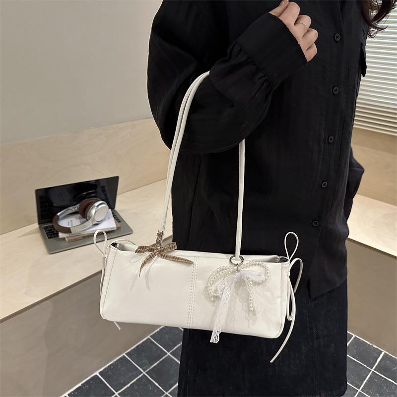 Simple Solid Color Pu Shoulder Bags for Women Sweet Bow Thread Design Ladies Underarm Bag Casual Versatile Female Pillow Handbag