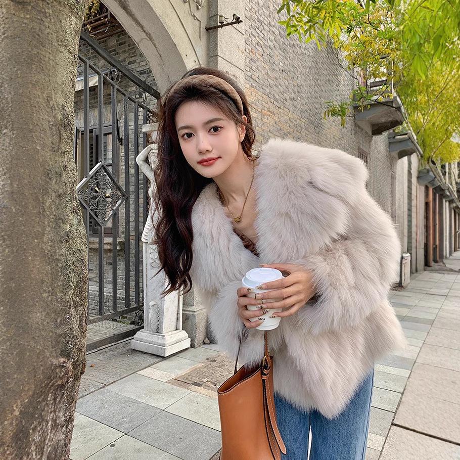 Imitation fox fur imitation fur coat winter big fur collar coat women's thickened long furry small fragrant wind