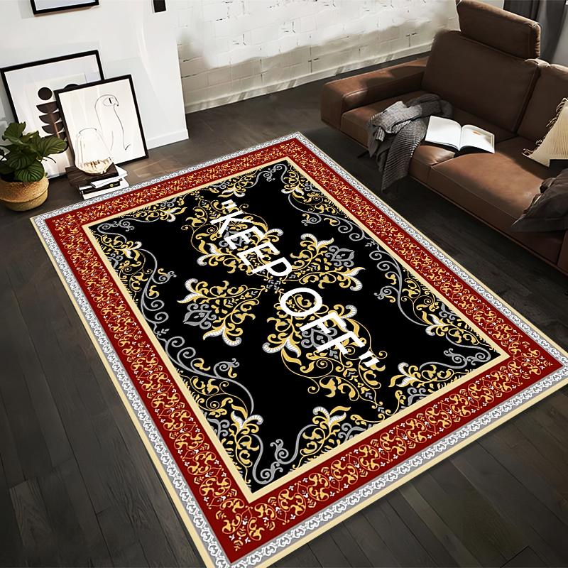 

Luxury Black Carpet with Gold Baroque Pattern and Keep Off Text Design Suitable for use as an anti-slip for living room bedroom sofas 40x60cm( 15x23in )