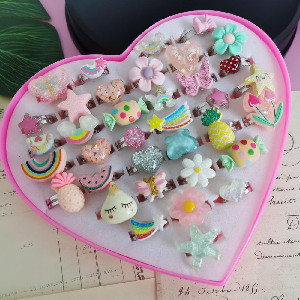 10pcs/Lot Cute Children's Cartoon Rings Glitter Flower Fruit Shape Plastic Adjustable Ope Excluding boxes