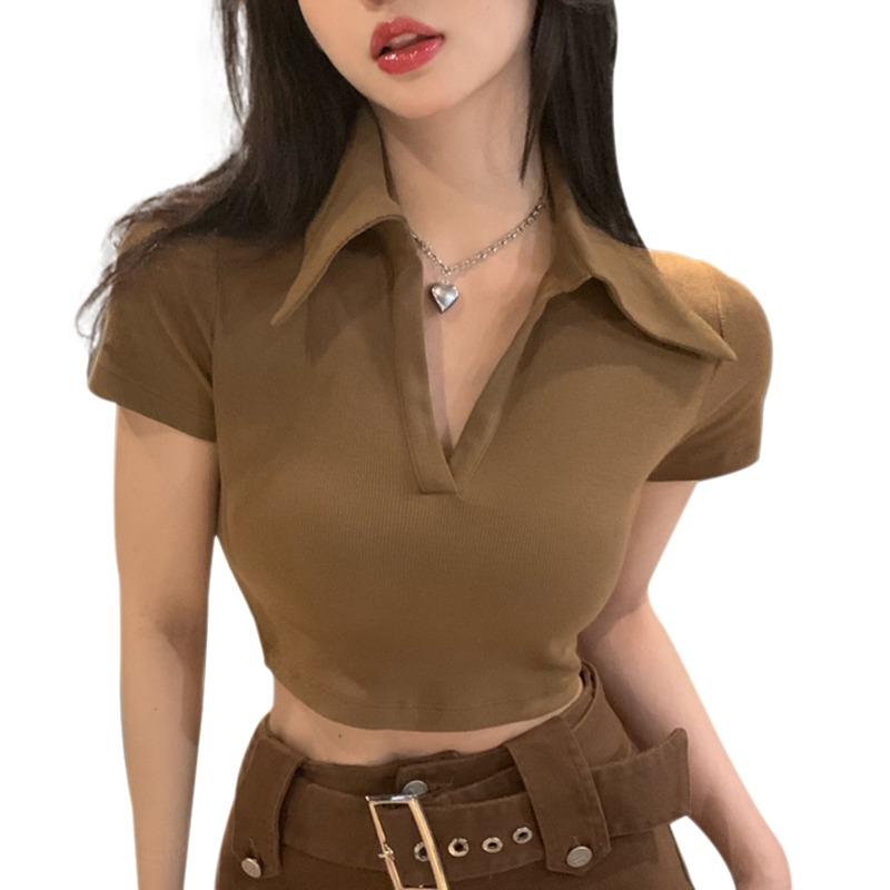 

Женская футболка с отложным воротником, облегающая, сексуальная, повседневная, однотонная, в стиле ретро, с коротким рукавом M