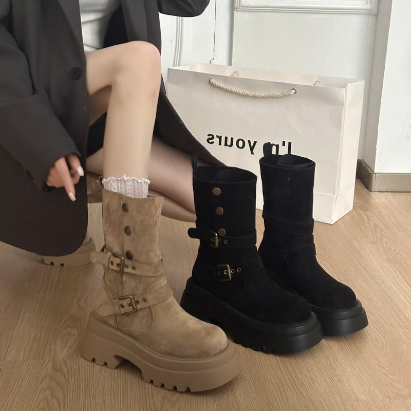 Height-increasing Retro Maillard Martin Women's Autumn and Winter New Models But Knee Two Wear Thick-soled Thick-heeled Western Short