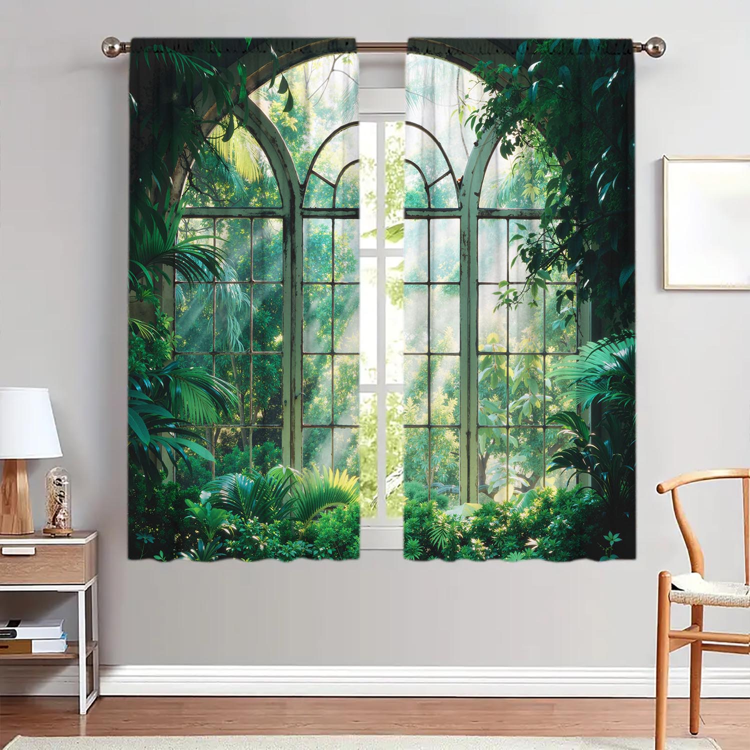 

Room Darkening Simulated Window Forest Curtains Semi Protect Privacy Curtain Set Of 2 Made Polyester Washable W100*H70(CM)-Grommet top&1PCS