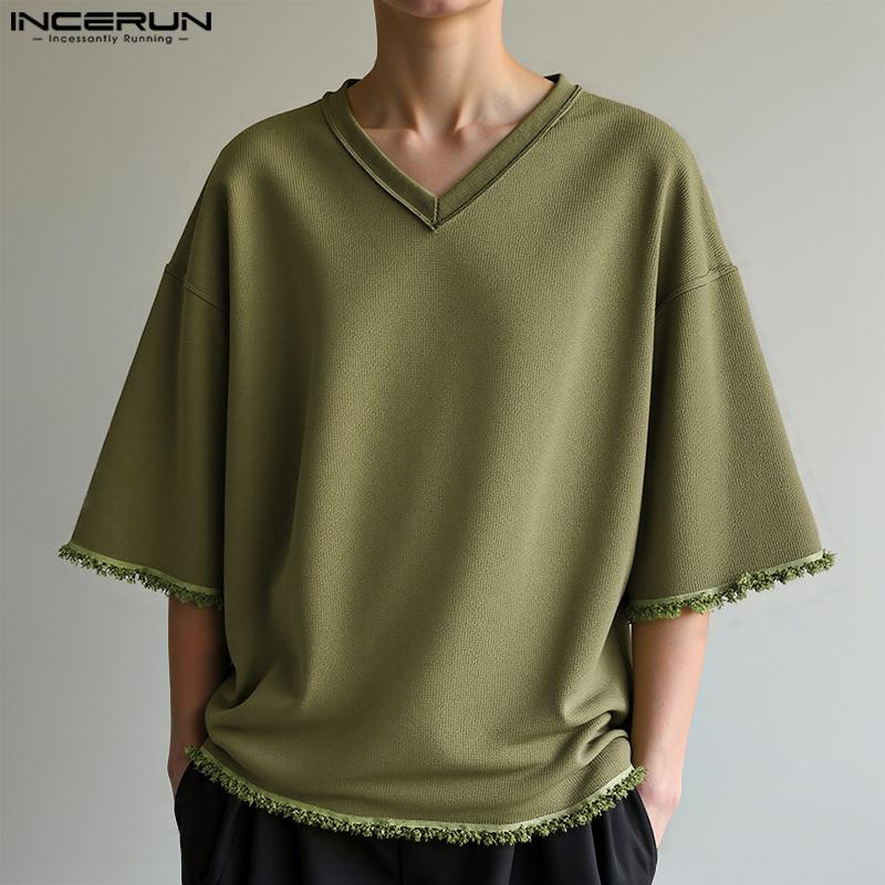 INCERUN Pánská nadměrná trička s texturou, s krátkým rukávem a výstřihem do V, ležérní volná