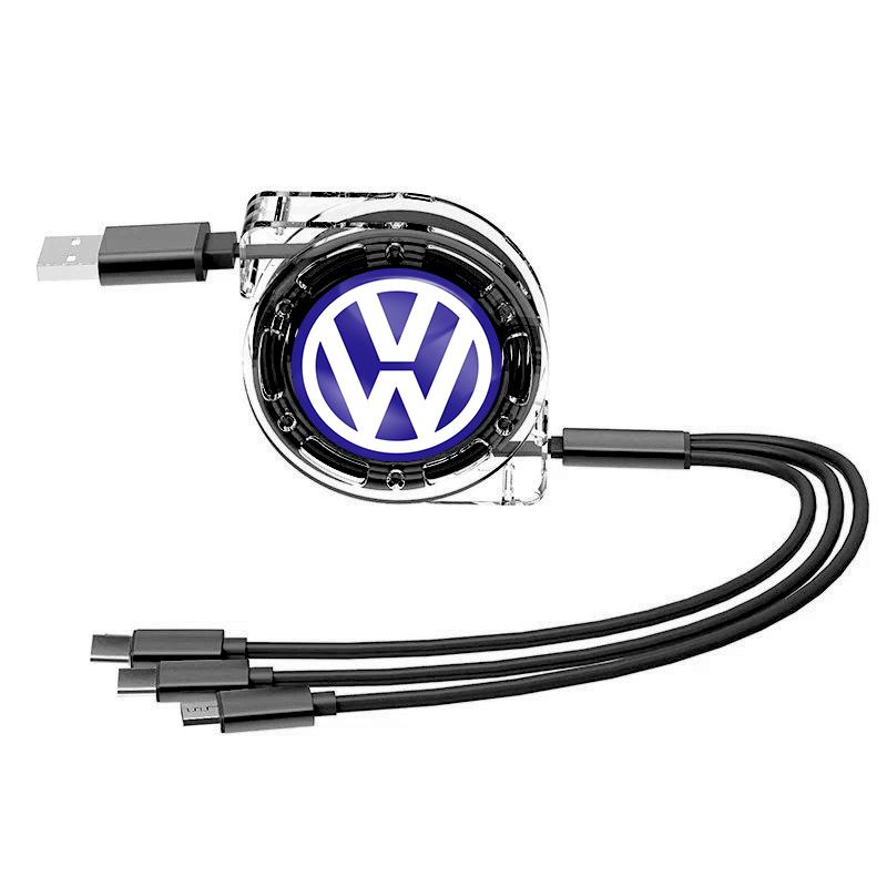 hijk1 3 In 1 Retractable Data USB Cable Charger Fast Wire Charging Cable For VW Golf Tiguan T-Roc Polo Passat ID.4 T-Cross ID.3 Taigo