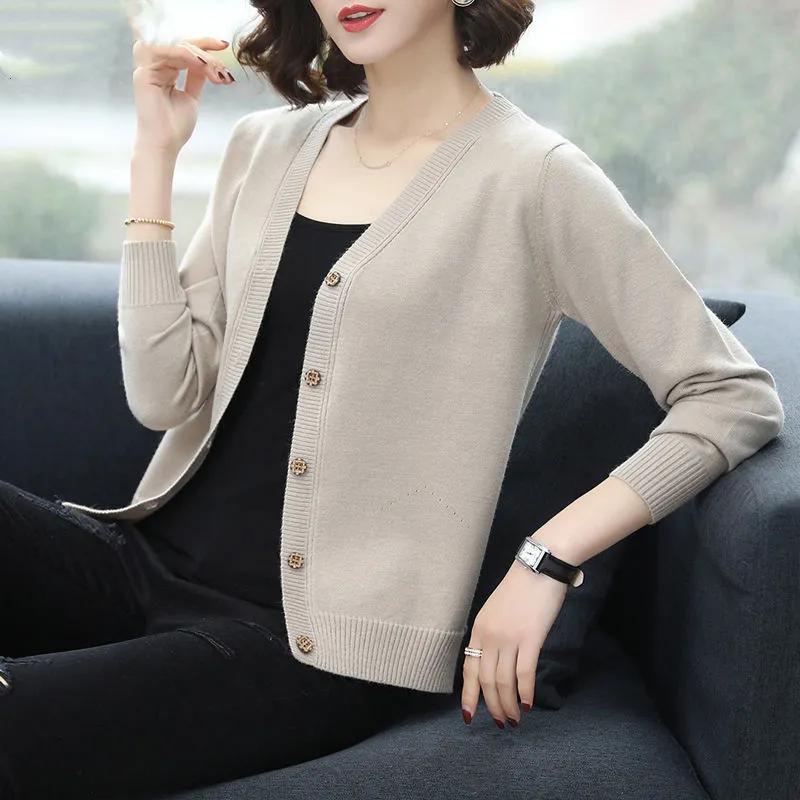 Female spring Short Knitted Jacket Loose V-Tie Buckle Cardigan Sweater