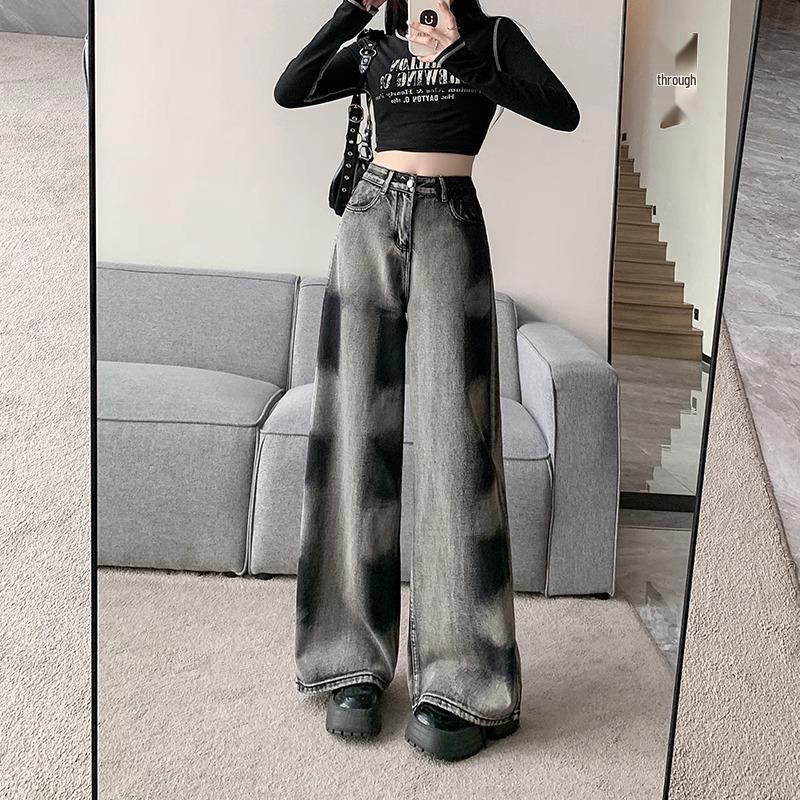 

Women s Vintage Tie-Dye Loose Straight-Leg Denim Jeans - Heavy-Duty, Natural Waist, Wear-Resistant Small чорний колір сірий