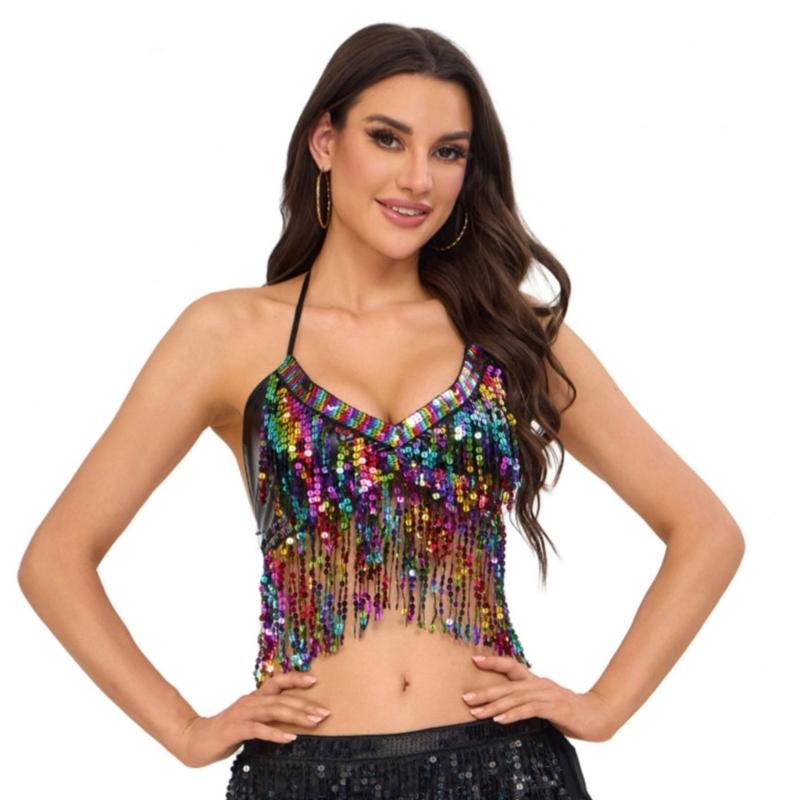 Belly Dance Bandage Glitter Bra Top with Chest Pad Women Belly Dance Costumes for Cosplay Halloween Performances Stage
