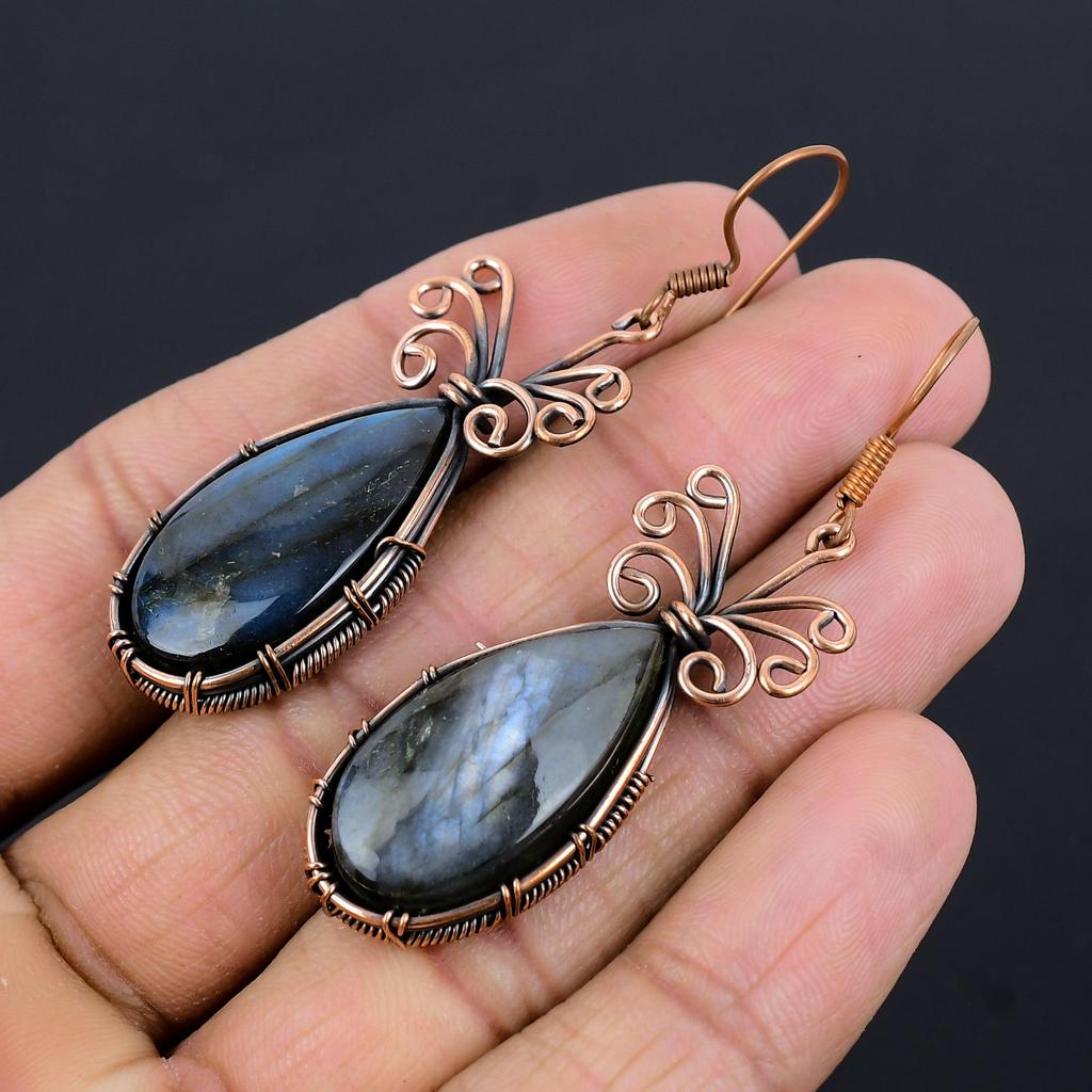Labradorite 999 Copper Wire Wrapped Earrings, Handmade Gemstone Earrings Jewelry, Gifts For Wife Brand New Earrings