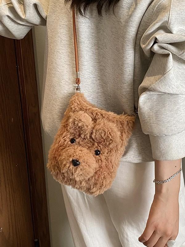 Cartoon Plush Bear Bag For Women With Large Capacity Soft Knit Material For Daily Use