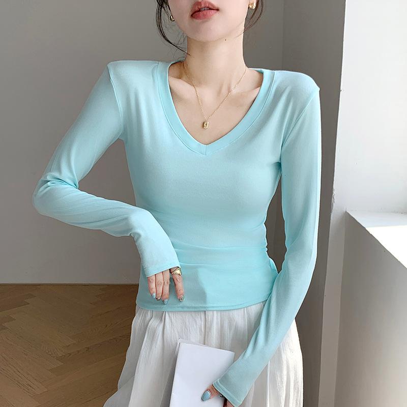 55 Love Collar Bottoming Shirt Inside and Outside, Design Sense White T-shirt Front Shoulder V-neck Autumn New
