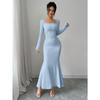Elegant Sexy Long Sleeved Fishtail Dress Tight Fit Spring Pleated Square Collar Solid Color Party Maxi Long Dresses Evening Spring Bodycon Dress