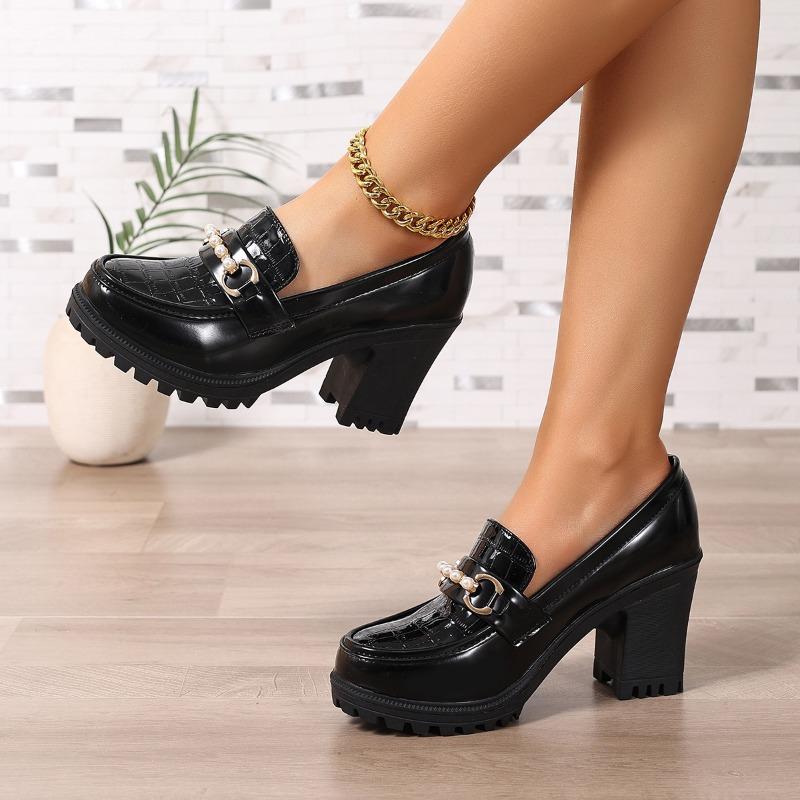 Block Heel High Heels Women's Spring and Autumn Patent Leather Platform Deep Mouth Single Shoes
