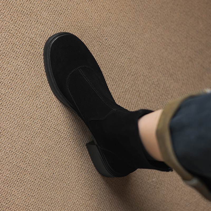 Krazing Pot Cow Suede Nubuck Round Toe Thick Heels Chelsea Boots Size 42 Concise Style Women Keep Warm Ankle Boots